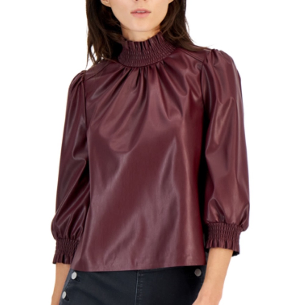 INC plum faux-leather top